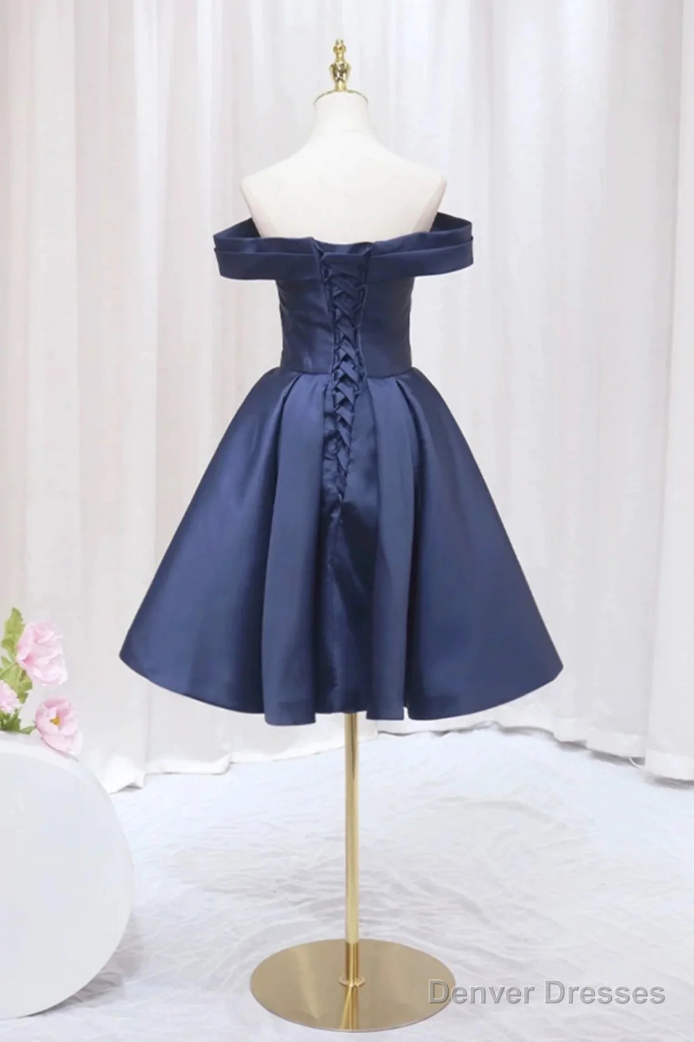 Navy Blue Satin Off Shoulder Knee Length Party Dress, Navy Blue Homecoming Dress Secondary image