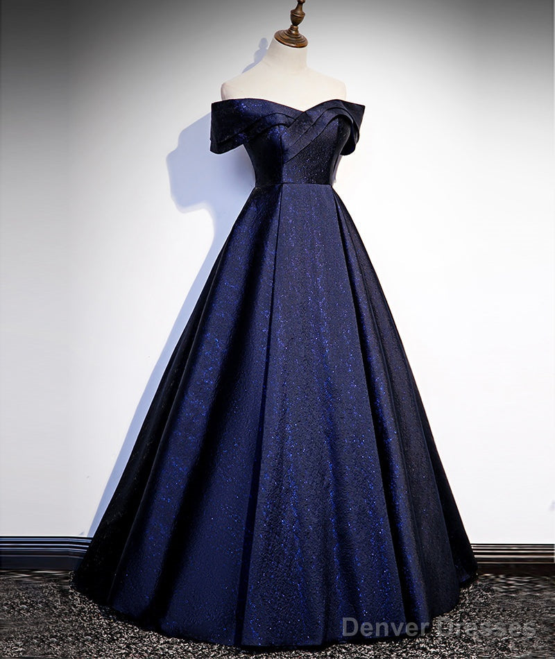 Navy Blue Satin Off Shoulder Long Prom Dress, Blue A-line Formal Dress, Evening Dress Main image