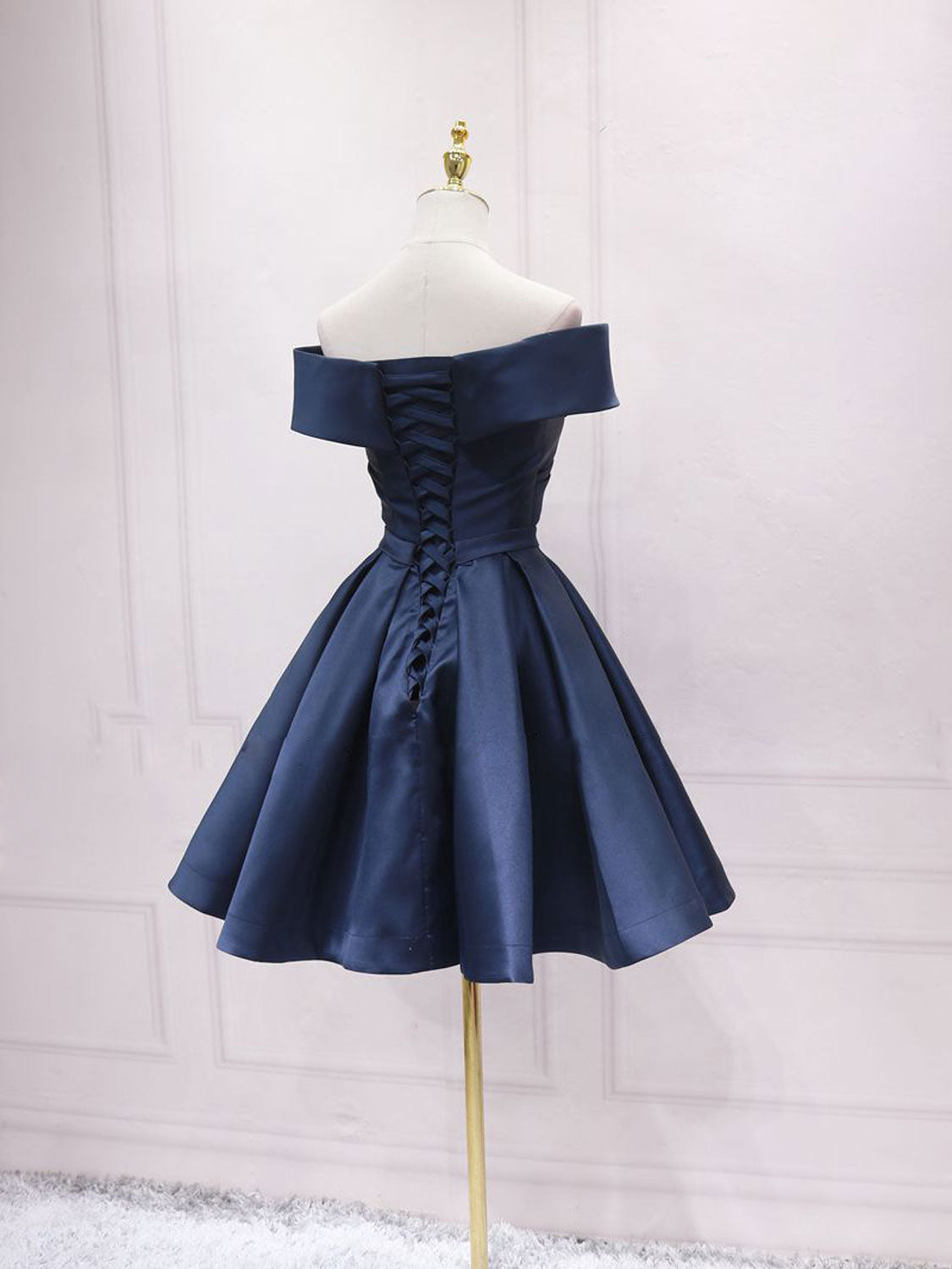 Navy Blue Satin Off Shoulder Short Graduation Dress, Blue Satin Prom Dress Secondary image