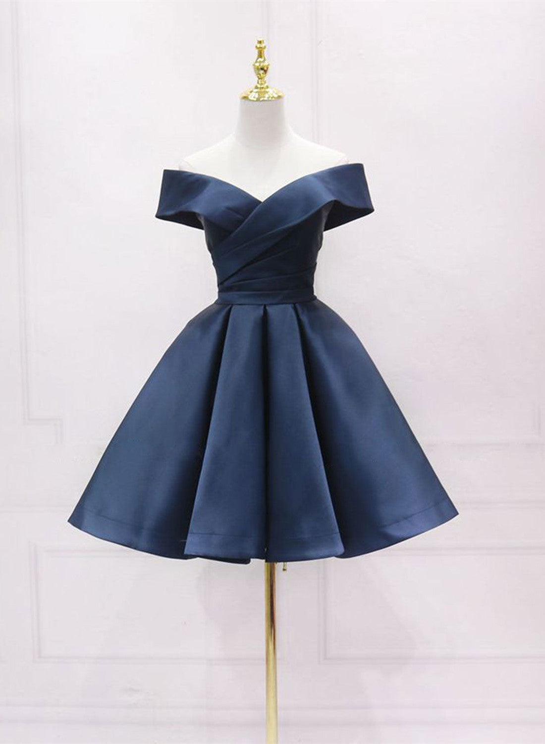 Navy Blue Satin Off Shoulder Short Graduation Dress, Blue Satin Prom Dress Main image