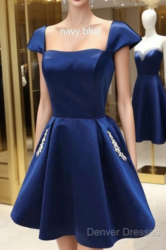 Navy Blue Satin Short A-Line Homecoming Dress With Cap Sleeves And Beaded Pockets Main image