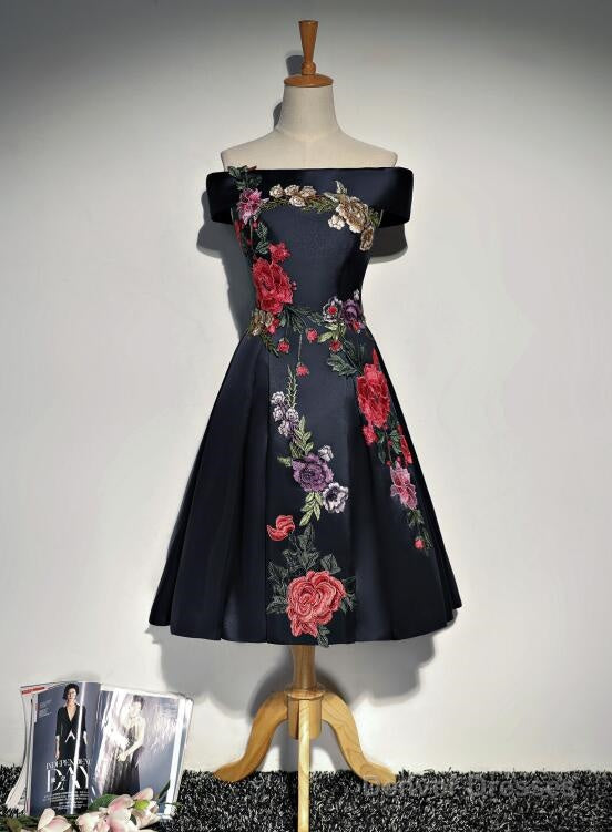 Navy Blue Satin Short Party Dress With Embroidery, Blue Off Shoulder Party Dress Main image