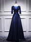 Navy Blue Satin Short Sleeve Appliques Beading Prom Dress