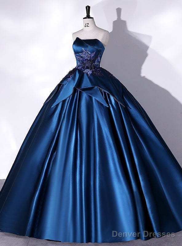 Navy Blue Satin Strapless Appliques Quinceanera Dress Main image