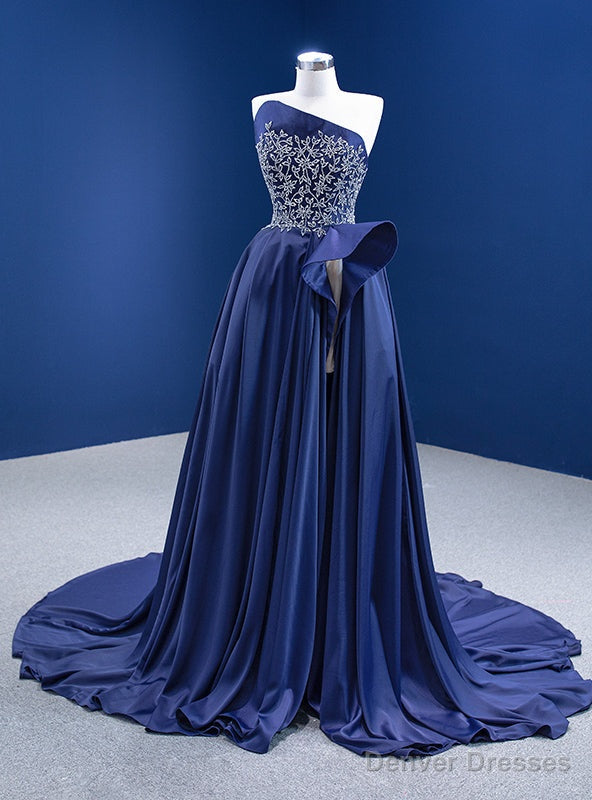 Navy Blue Satin Strapless Beading Crystal Prom Dress With Split Main image