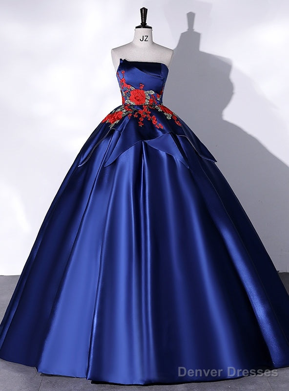 Navy Blue Satin Strapless Embroidery Appliques Quinceanera Dress Main image