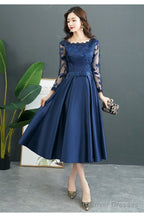 Navy Blue Satin Tea Length With Lace Long Sleeves Bridesmaid Dress, Blue Short Party Dress