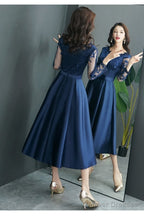 Navy Blue Satin Tea Length With Lace Long Sleeves Bridesmaid Dress, Blue Short Party Dress