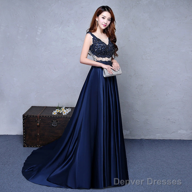 Navy Blue Satin With Lace Beaded Long Junior Prom Dress, Blue Satin Party Dresses Secondary image