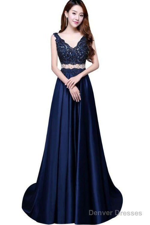 Navy Blue Satin With Lace Beaded Long Junior Prom Dress, Blue Satin Party Dresses Main image