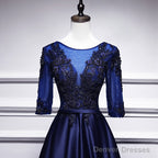 Navy Blue Satin With Lace Short Sleeves Long Prom Dresses, Blue Evening Dresses Formal Dress