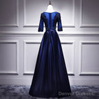 Navy Blue Satin With Lace Short Sleeves Long Prom Dresses, Blue Evening Dresses Formal Dress