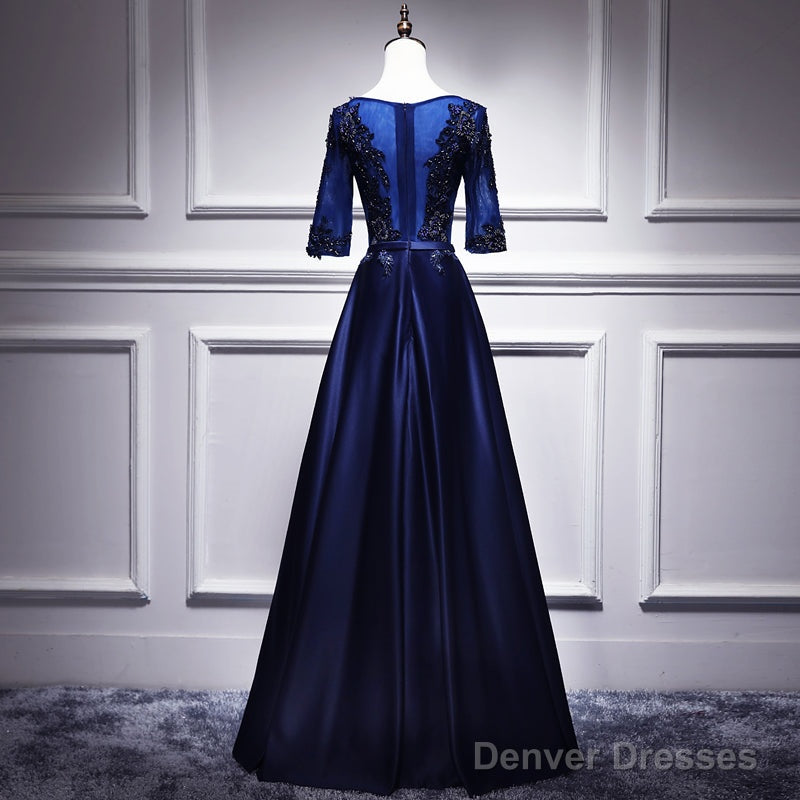 Navy Blue Satin With Lace Short Sleeves Long Prom Dresses, Blue Evening Dresses Formal Dress