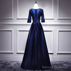 Navy Blue Satin With Lace Short Sleeves Long Prom Dresses, Blue Evening Dresses Formal Dress