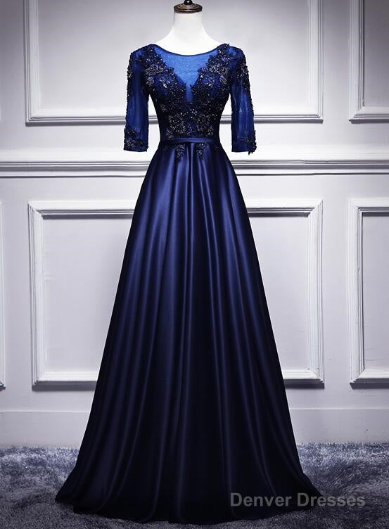 Navy Blue Satin With Lace Short Sleeves Long Prom Dresses, Blue Evening Dresses Formal Dress