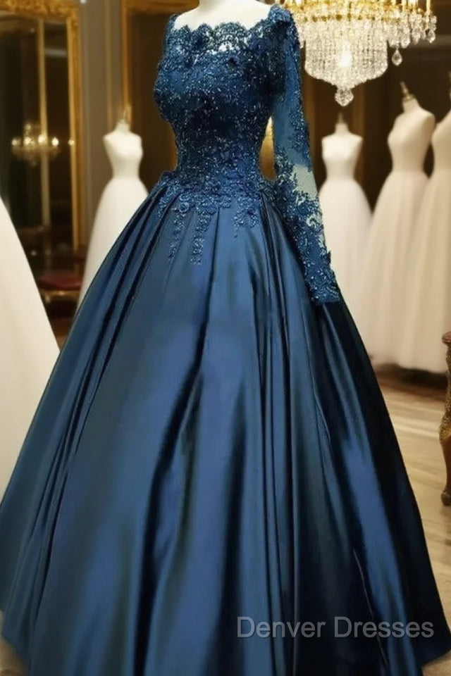 Navy Blue Satin With Lace Top Long Sleeves Sweet 16 Gown, Blue Formal Dress Main image