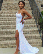 Navy Blue Sequin Long Prom Dress Mermaid Cross Back Evening Party Dress