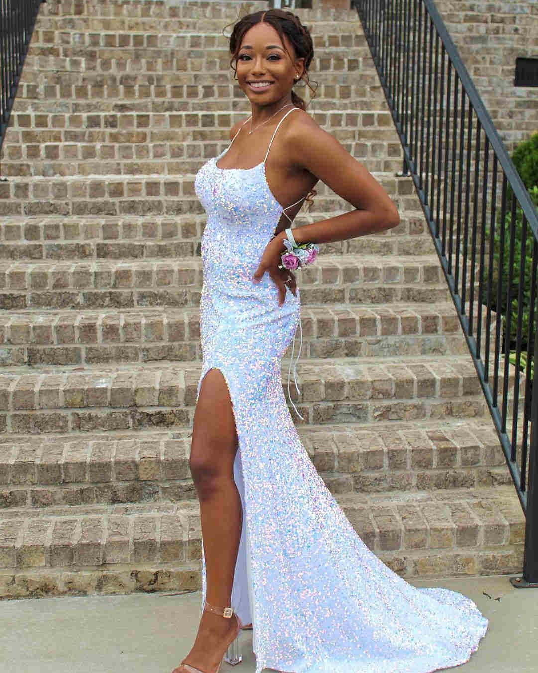 Navy Blue Sequin Long Prom Dress Mermaid Cross Back Evening Party Dress