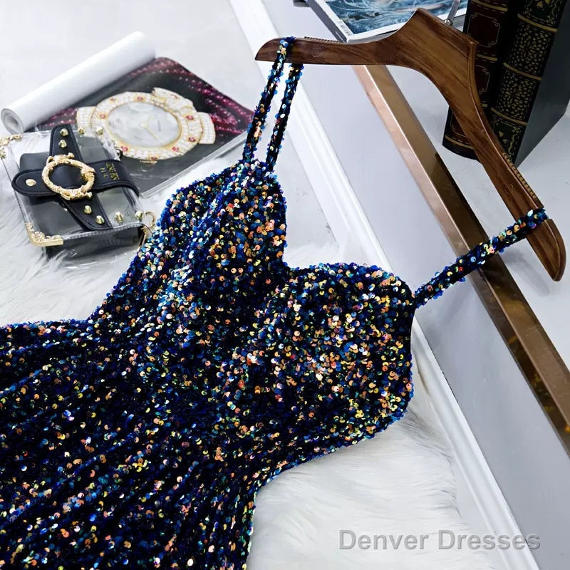 Navy Blue Sequin Hoco Dress Short Homecoming Dresses