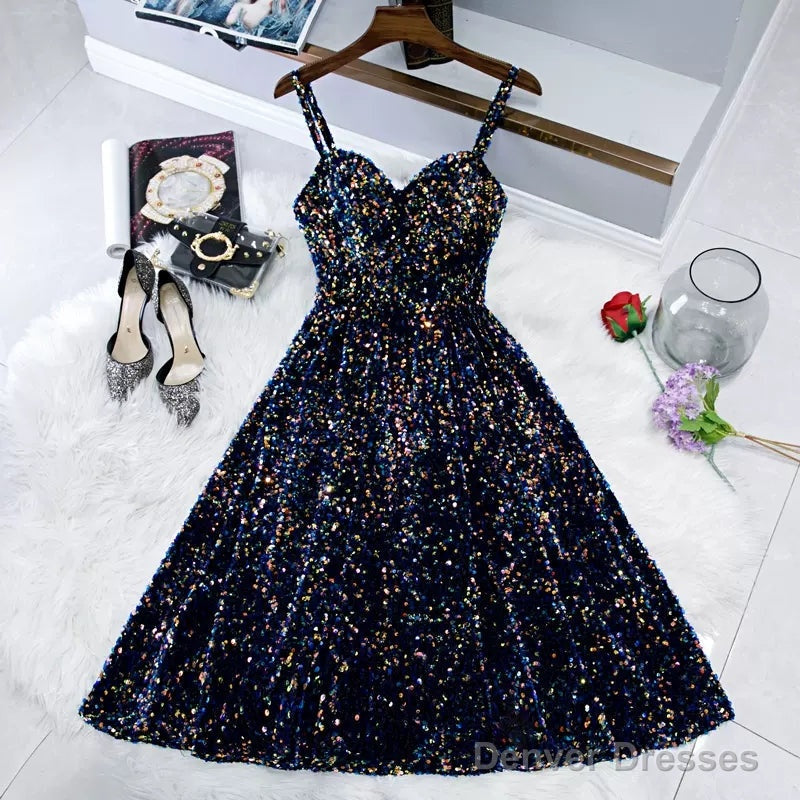 Navy Blue Sequin Hoco Dress Short Homecoming Dresses