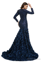 Sequins Mermaid Long V Neck Prom Dresses Full Sleeve