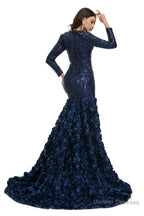 Sequins Mermaid Long V Neck Prom Dresses Full Sleeve