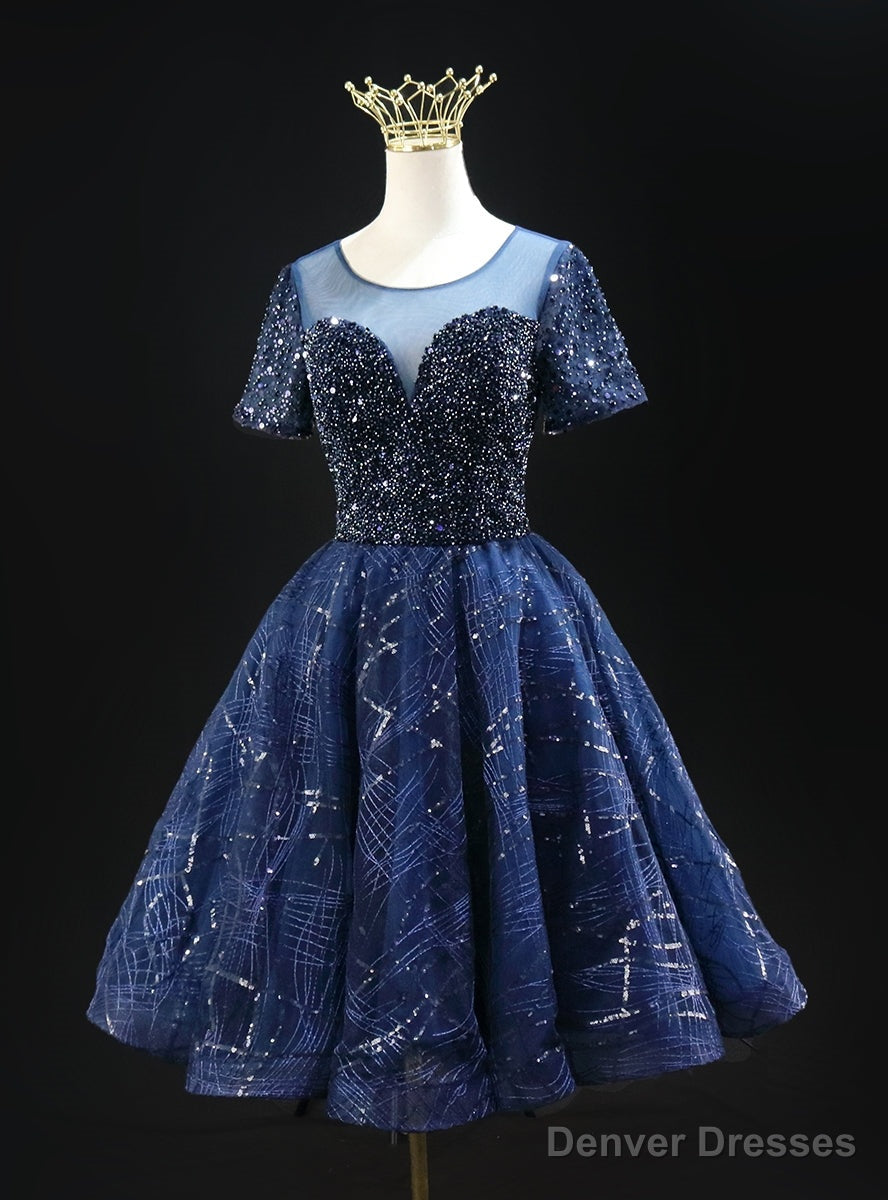 Navy Blue Sequins Short Sleeve Beading Homecoming Dress Main image