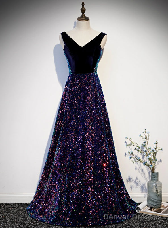 Navy Blue Sequins V-neck Backless Prom Dress