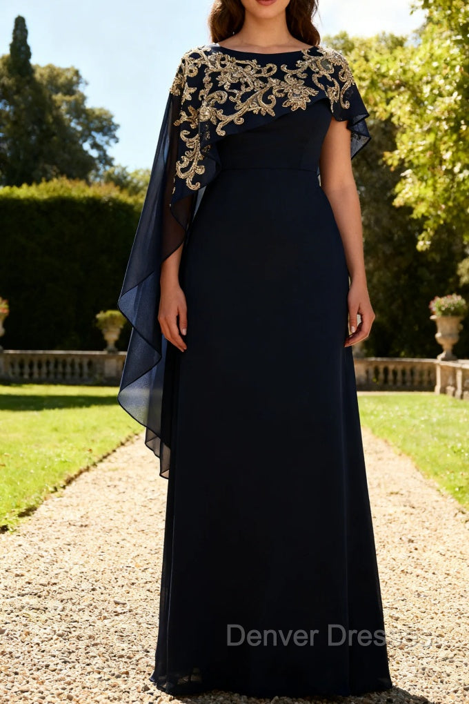 Navy Blue Sheath Appliqued Mother Of The Bride Dress With Shawl Main image