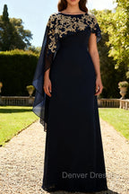 Navy Blue Sheath Appliqued Mother Of The Bride Dress With Shawl