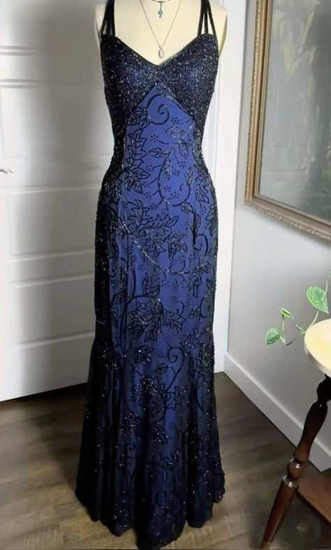 Navy Blue Shiny Elegant Exquisite Beaded Applique Straps Long Tulle Sequins Ball Gown Evening Dress Party Dress Secondary image