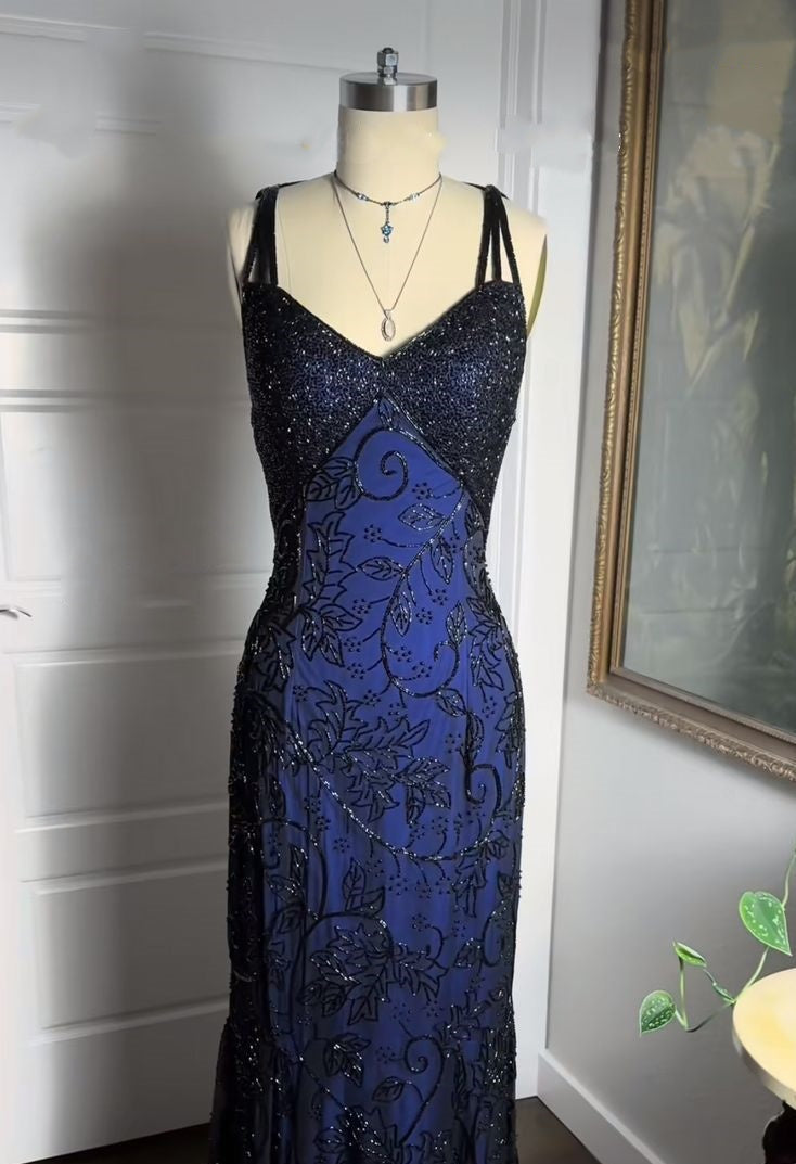 Navy Blue Shiny Elegant Exquisite Beaded Applique Straps Long Tulle Sequins Ball Gown Evening Dress Party Dress Main image
