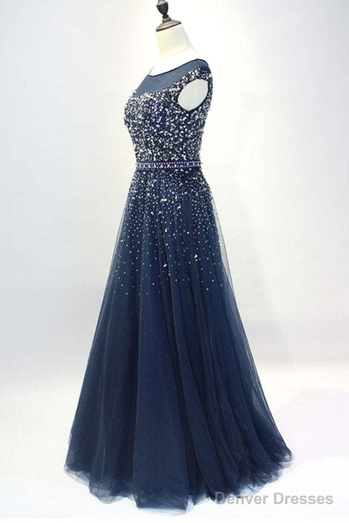 Navy Blue Shiny Sequins Round Neckline Tulle Party Dress, A-line Tulle Blue Evening Dress Prom Dress