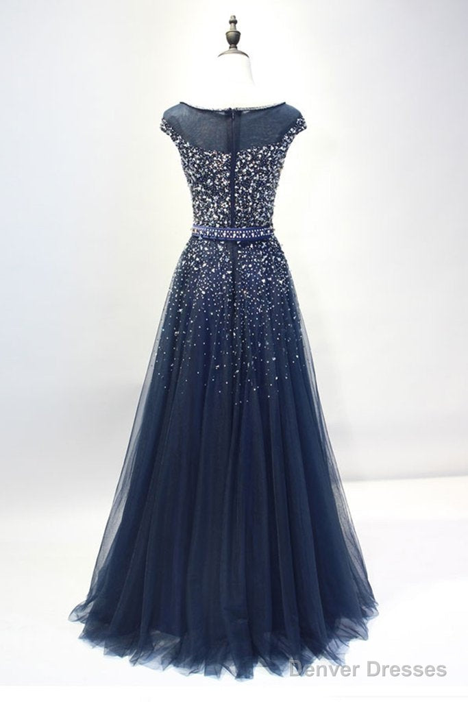 Navy Blue Shiny Sequins Round Neckline Tulle Party Dress, A-line Tulle Blue Evening Dress Prom Dress Main image