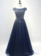 Navy Blue Shiny Sequins Round Neckline Tulle Party Dress, A-line Tulle Blue Evening Dress Prom Dress
