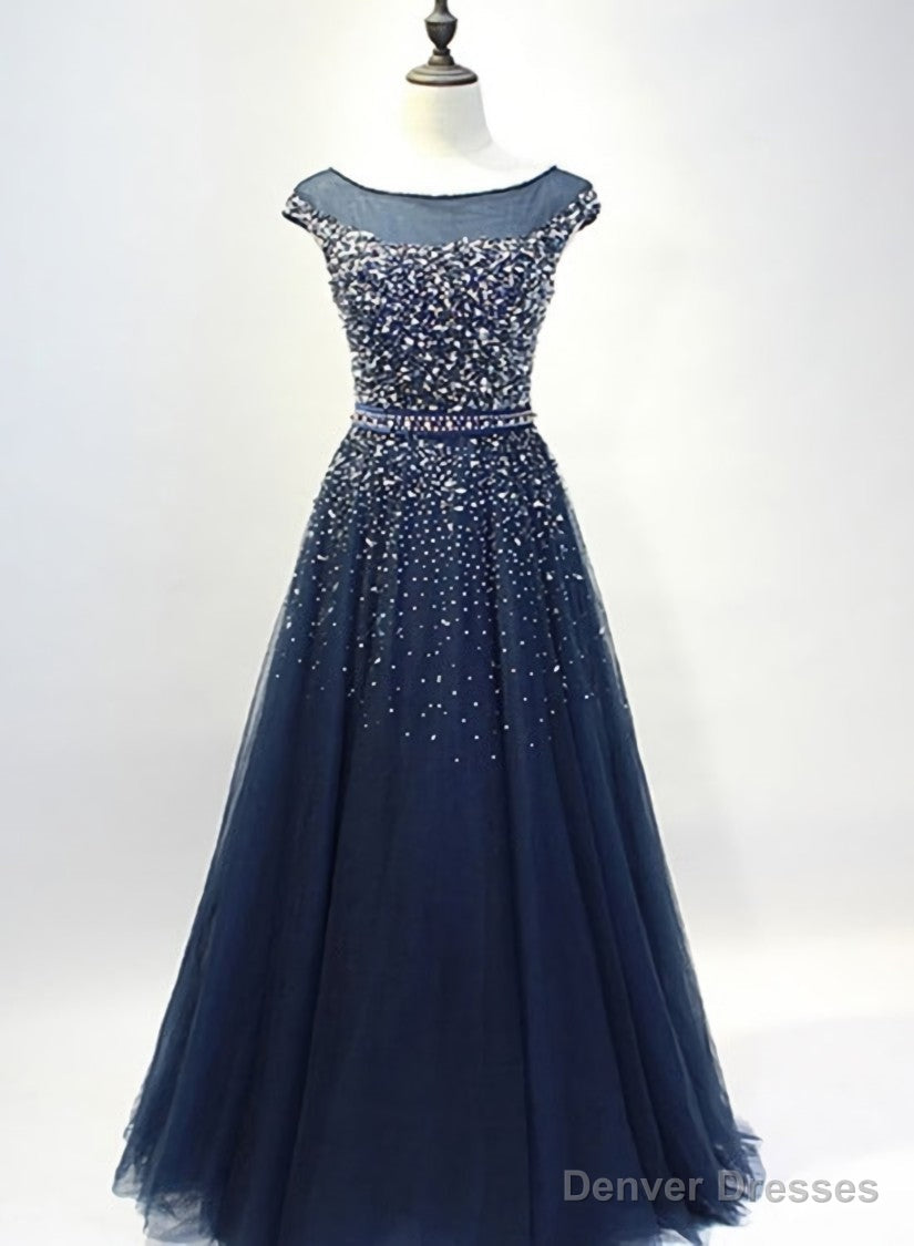 Navy Blue Shiny Sequins Round Neckline Tulle Party Dress, A-line Tulle Blue Evening Dress Prom Dress