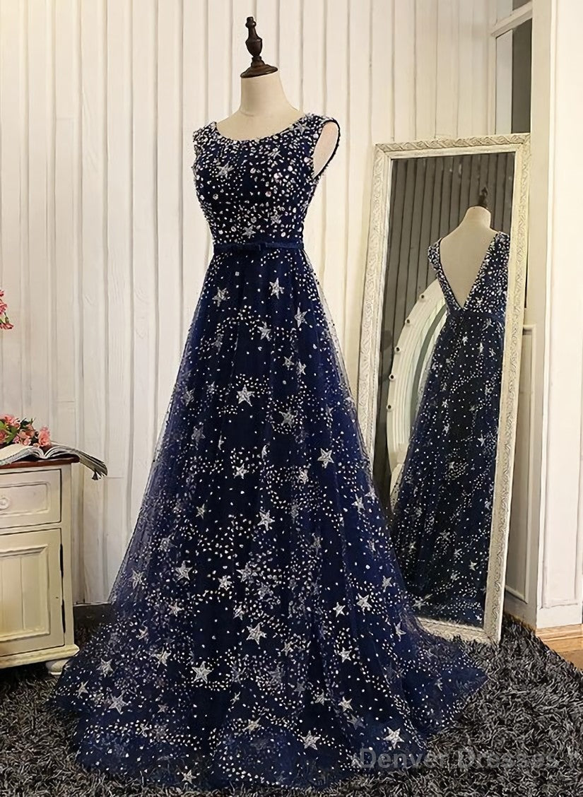 Navy Blue Shiny Tulle A-line Round Neckline Long Party Dress, Blue Prom Dresses Main image