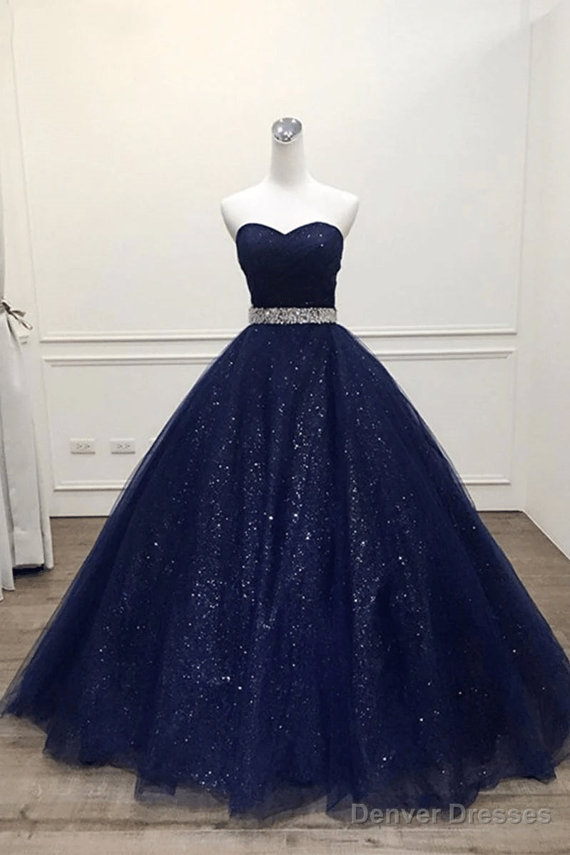 Navy Blue Shiny Tulle Beaded Long Party Dress Sweetheart Tulle Prom Dress prom dresses shops Secondary image
