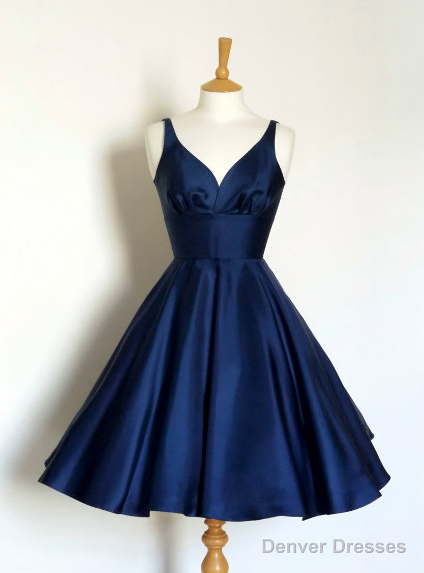 Navy blue Short Fashion Party Dress V neck A Line Prom Dress Backless Homecoming Dresses Main image