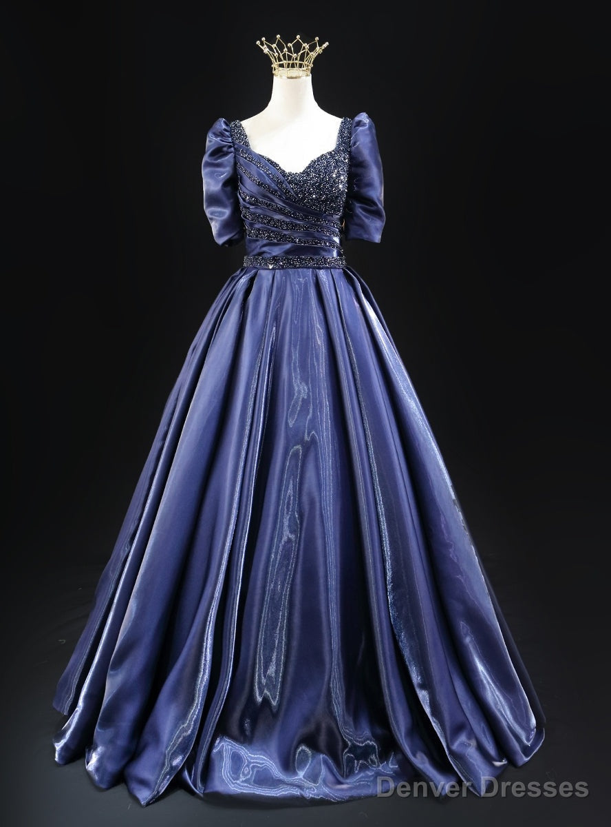 Navy Blue Short Sleeve Square Beading Prom Dress