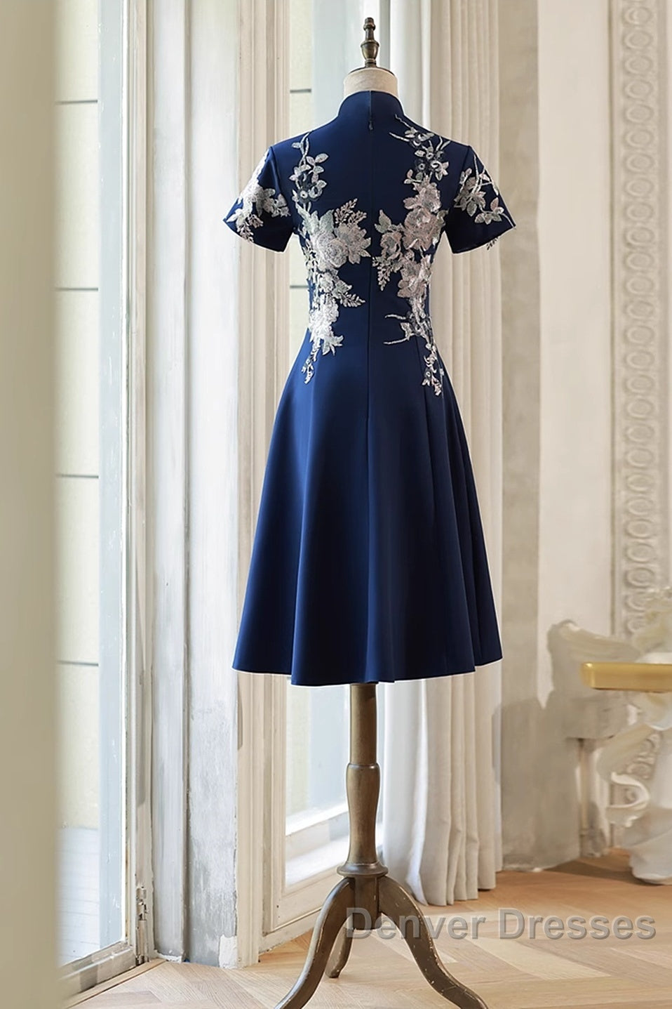 Navy Blue Short Sleeves Party Dress With Lace Applique, Short Cute Blue Wedding Party Dress Secondary image