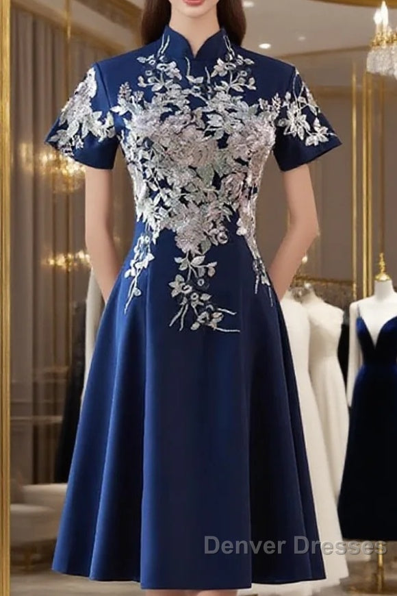 Navy Blue Short Sleeves Party Dress With Lace Applique, Short Cute Blue Wedding Party Dress Main image