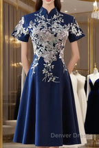 Navy Blue Short Sleeves Party Dress With Lace Applique, Short Cute Blue Wedding Party Dress