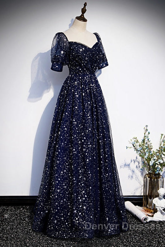 Navy Blue Short Sleeves Sweetheart Long Party Dress, A-Line Blue Evening Gown Secondary image
