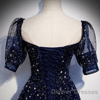 Navy Blue Short Sleeves Sweetheart Long Party Dress, A-Line Blue Evening Gown
