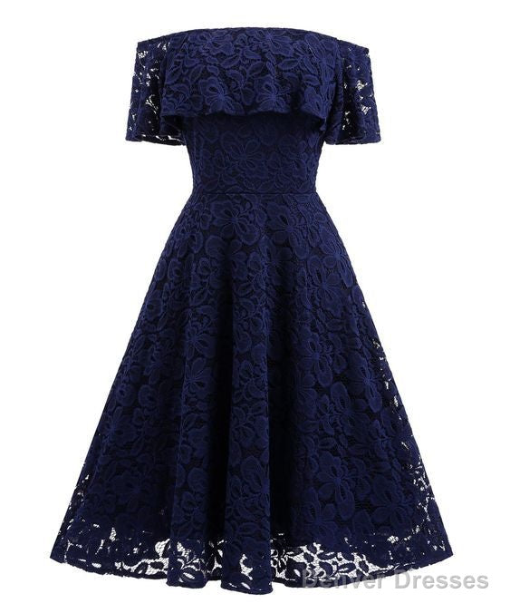 Navy Blue Short Soft Lace Prom Dress Off Shoulder Women Party Gowns Main image
