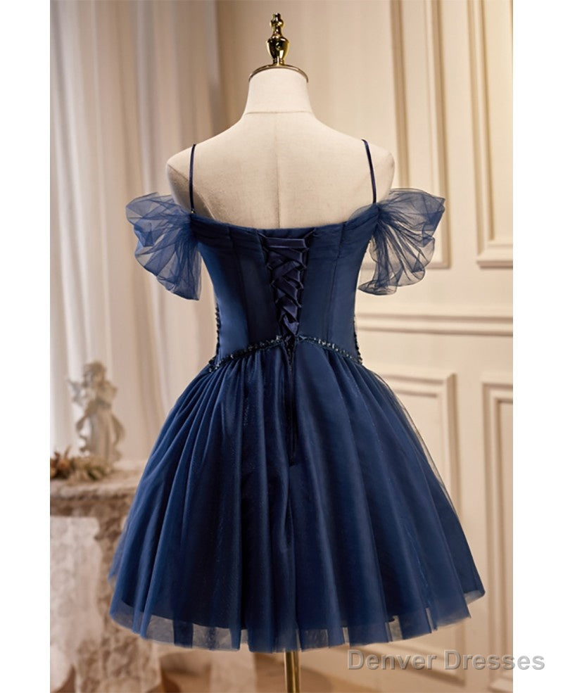 Navy Blue Short Tulle Homecoming Prom Dress with Beadings Secondary image