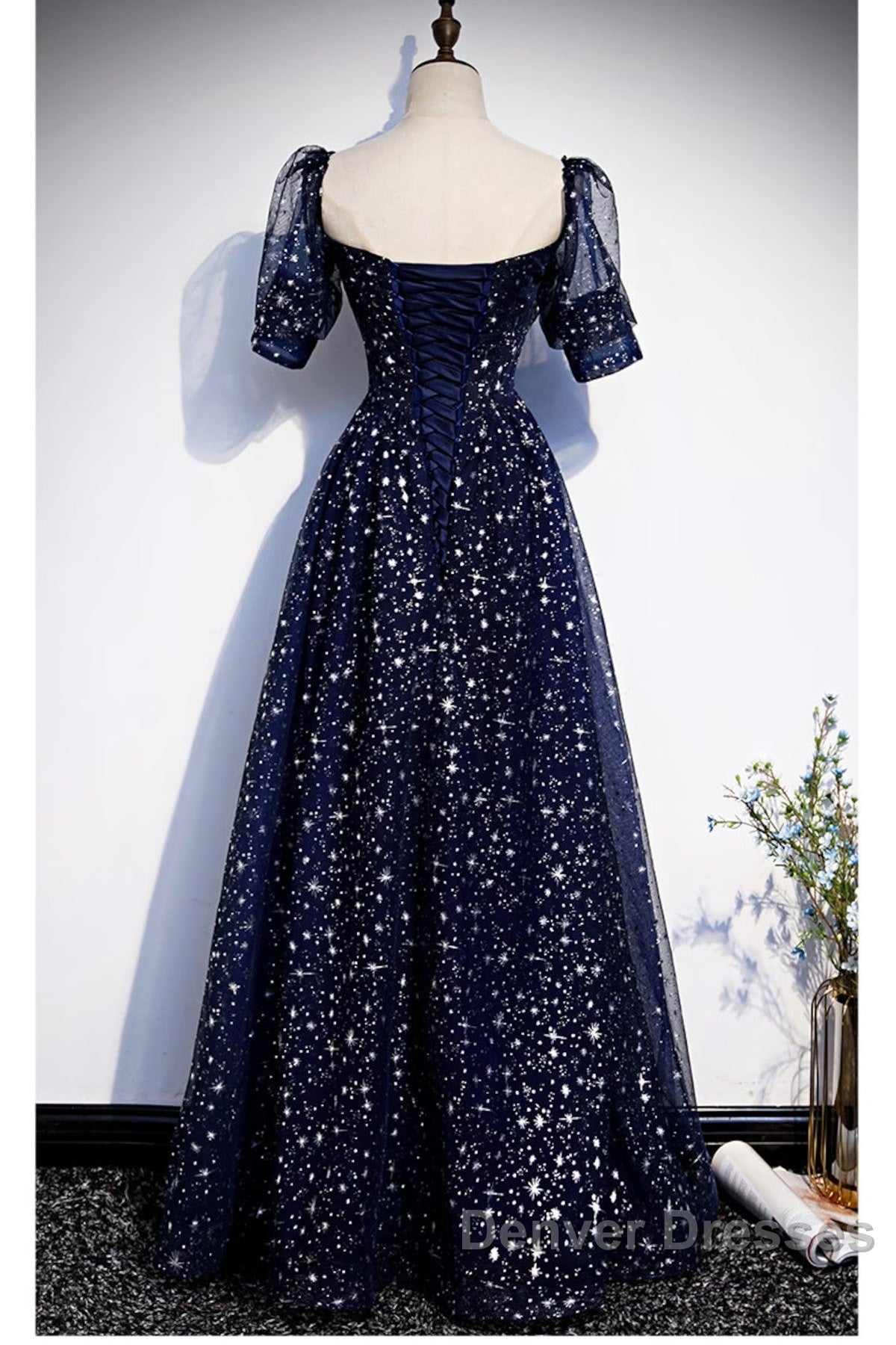 Navy Blue Simple Tulle Short Sleeves Prom Dress, Navy Blue Long Evening Dress