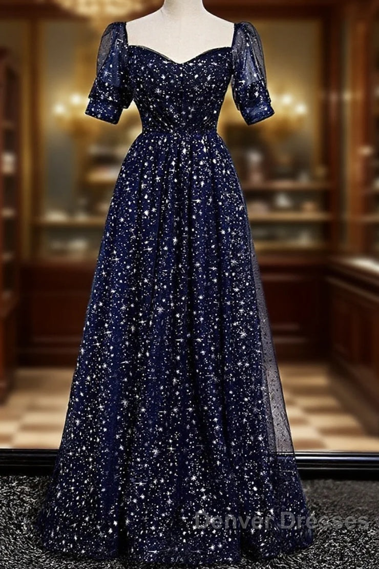 Navy Blue Simple Tulle Short Sleeves Prom Dress, Navy Blue Long Evening Dress