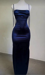Navy Blue Spaghetti Strap Bodycon Satin  Elegant Prom Dress Backless Party Dress